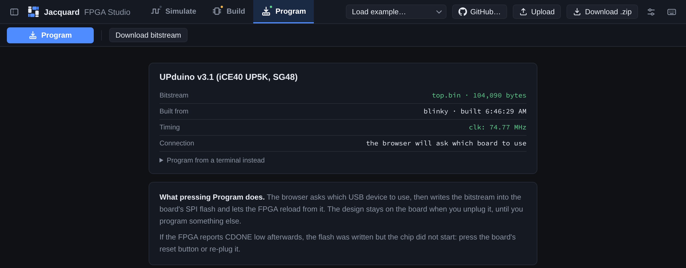 The Program screen: a card naming the board, the bitstream and its size, the module it was built from, the achieved clock frequency, and what pressing Program will do.