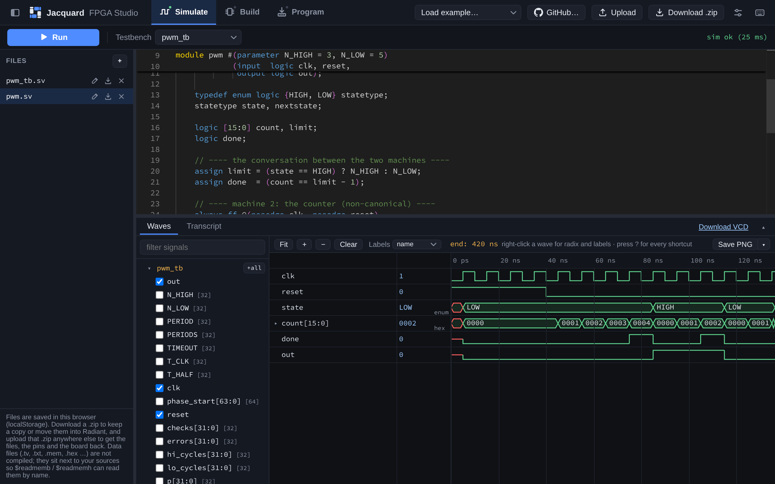 The Simulate screen: a SystemVerilog testbench in the editor above a waveform viewer showing a clock, a reset and a state machine.