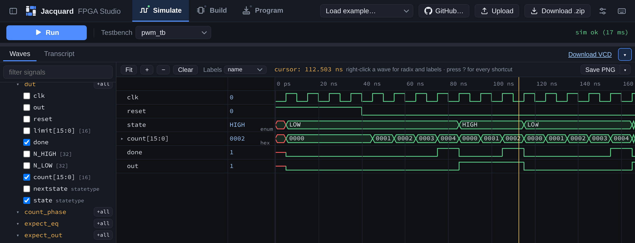The waveform panel filling the window: a state signal drawn as HIGH and LOW rather than 1 and 0, a cursor with its time in the toolbar, and the instance tree beside it.